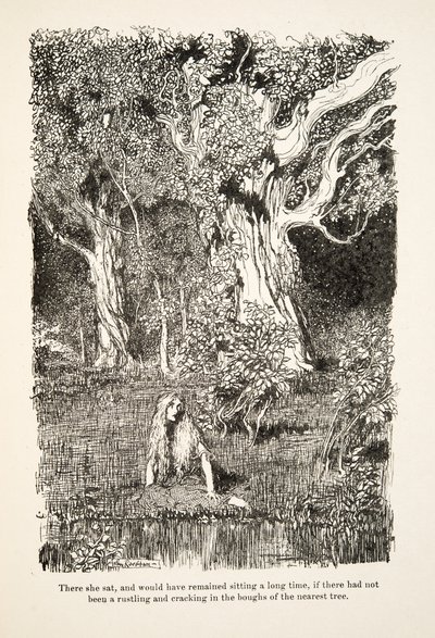 There she sat, and would have remained sitting a long time, if there had not been a rustling and cracking in the boughs of the nearest tree, from Little Brother & Little Sister and Other Tales by the Brothers Grimm by Arthur Rackham