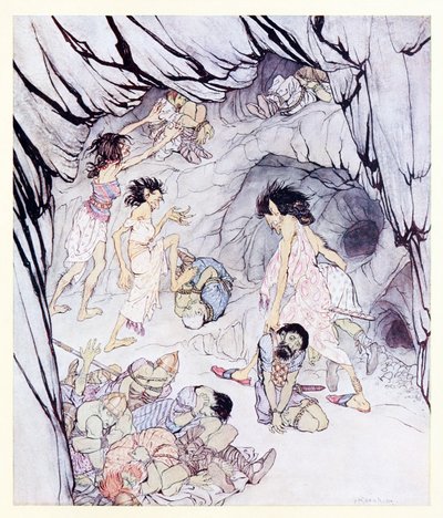 This one is fat, said Cullen, and she rolled a bulky Fenian along like a wheel from The Enchanted Cave of Cesh Corran in Irish Fairy Tales by Arthur Rackham