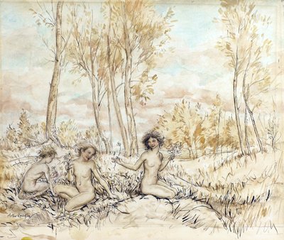 Three Wood Nymphs Gathering Flowers by Arthur Rackham