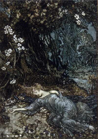 Titania the Queen of Fairies is sleeping. Illustration by Arthur Rackham for The Dream of a Summer Night by William Shakespeare by Arthur Rackham