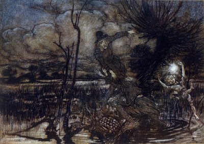Two characters fail to drown in the swamp, Puck helps them with a fire. Illustration by Arthur Rackham for The Dream of a Summer Night by William Shakespeare by Arthur Rackham