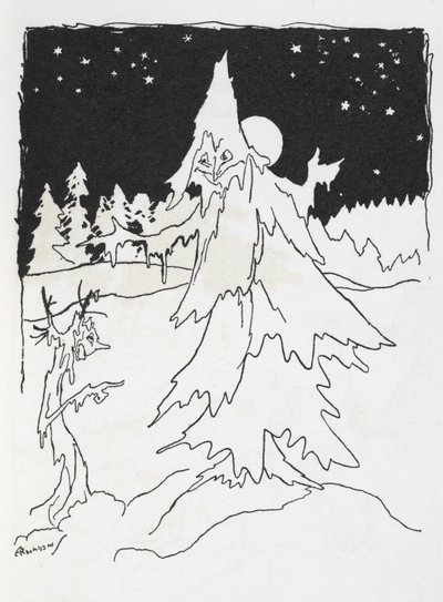 Two tree-men in a snowy wood by Arthur Rackham