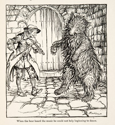 When the bear heard the music he could not help beginning to dance, from Little Brother & Little Sister and Other Tales by the Brothers Grimm, pub.1917 by Arthur Rackham