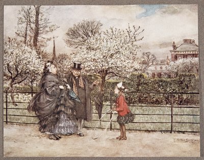 When You Meet Grown Up People in the Gardens Who Puff and Blow as If They Thought Themselves Bigger Than They Are, from Peter Pan in Kensington Gardens by J. M. Barrie, pub. 1906 by Arthur Rackham