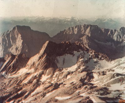 Aerial photograph of Alpine mountains photographed on glass plate using early Uvach by Arthur Traube