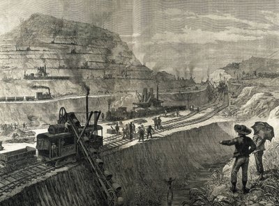 Construction of Panama Canal. Dredging works in the village of Culebra (original drawing by Meltor Prior). Image published in 