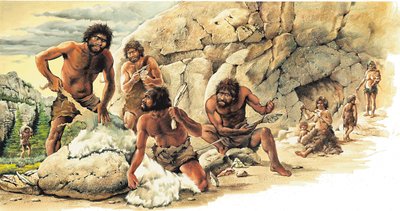 Prehistory Paleolithic Period: Hunters using the skin of killed animals and making tools and weapons by Artist Unknown