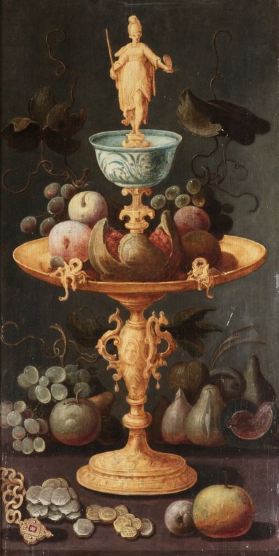 Grapes, Plums and a Pomegranate on a Golden Tazza Surmounted by a Personification of Painting, with Figs, Grapes, Apples, a Gold Chain and Spanish Pieces of Eight on a Stone Ledge by Artus Claessens