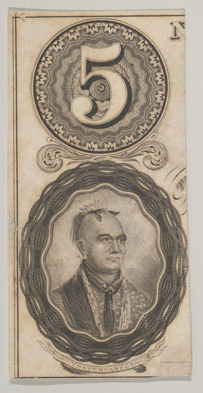 Banknote motifs: the number 5 and a portrait of Thayendanegea by Asher Brown Durand.