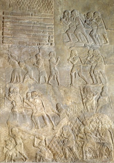 Relief depicting porters bringing wood to the coast for transportation by sea from the Palace of Sargon II, Khorsabad, Iraq by Assyrian