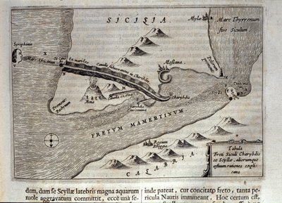 Cartographic representation of Charybdis and Scylla in the Strait of Messina, Sicily. Engraving from 
