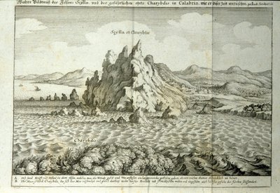View of the rocks of Charybdis and Scylla in the Strait of Messina, Sicily. Engraving from 