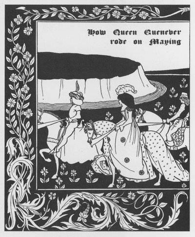 Arthurian Legend: Queen Guinevere Maying. Engraving in The Morte of Arthur by Sir Thomas Malory, edition illustrated by Aubrey Beardsley (1893-1894) by Aubrey Beardsley