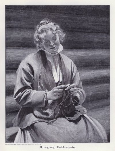 Portrait of a woman knitting by August Wilhelm Nikolaus Hagborg