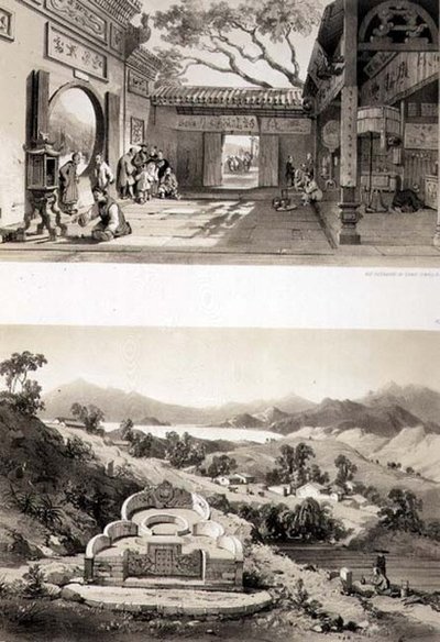Interior View of the Great Temple at Macao and a Tomb and Village between the Bays of Hong Kong and Cowloon, Plates 8 and 7 from 