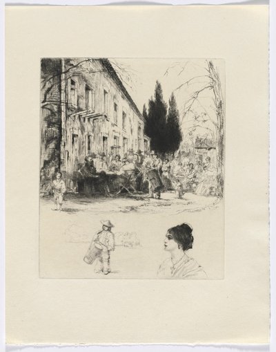 Frédéric Mistral: Memoirs and Stories by Frédéric Mistral: Figures at Outdoor Table, Man Playing Drum and Bust of a Woman (insert after p. 136) by Auguste Brouet