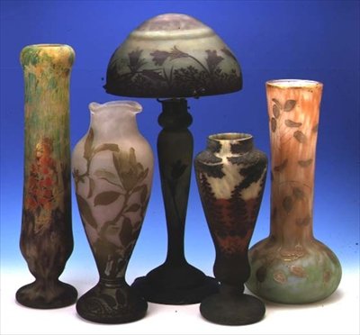 Selection of acid-etched, overlay and cameo vases and a lamp by Auguste Daum