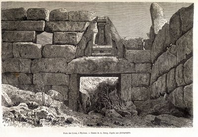 Gate of the Lions in Mycenae - drawing by A. Deroy, in Round the World 1877 2nd semester by Auguste Victor Deroy
