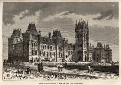 The Palace of Parliament in Ottawa, engraved after a drawing by A. Deroy, illustrating an excursion to Canada and the Red River of the North by H. De Lamotte, published in 