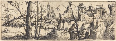 Landscape with Castle at Right, Surrounded by Rocks by Augustin Hirschvogel