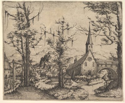 Landscape with Four Trees and a Church at Right by Augustin Hirschvogel