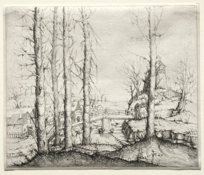 River Landscape with Five Bare Spruce Trees in the Foreground by Augustin Hirschvogel
