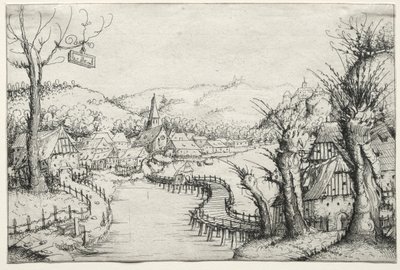 River Landscape with Three Bare Willow-Trees at Right and a Long Winding Wooden Bridge at Centre Leading to a Village by Augustin Hirschvogel
