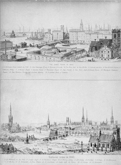 Catholic town in 1440 and the same town in 1840 by Augustus Welby Northmore Pugin
