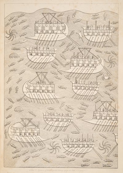 Enemies of the Assyrians taking refuge in ships, from Monuments of Nineveh by Austen Henry Layard