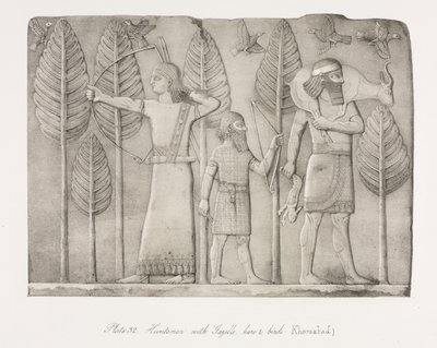 Monuments of Nineveh: Plate 32, Huntsmen with Gazelle, Hare and Birds (Khorsabad) by Austen Henry Layard