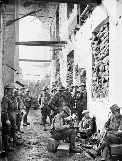Members of the 2nd Australian Infantry Battalion outside their billets in the Cavalry Barracks at Ypres, 1 November 1917 by Australian Photographer