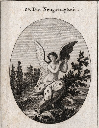 Allegory of curiosity represented with a drapery dotted with ears and eyes. The wings elevated. Engraving in 