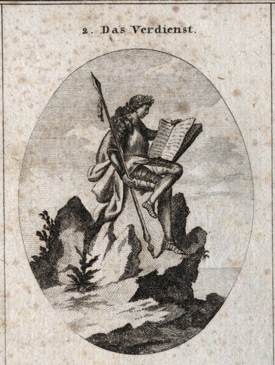 Allegory of Merit represented at the top of a steep rock with weapons and a book symbolizing it as the result of his works and studies. Engraving in 