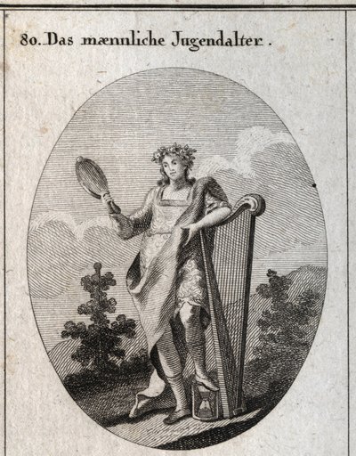 Allegory of adolescence represented by a young man leaning on a harp and holding a mirror. His foot is placed on an hourglass. Engraving in 