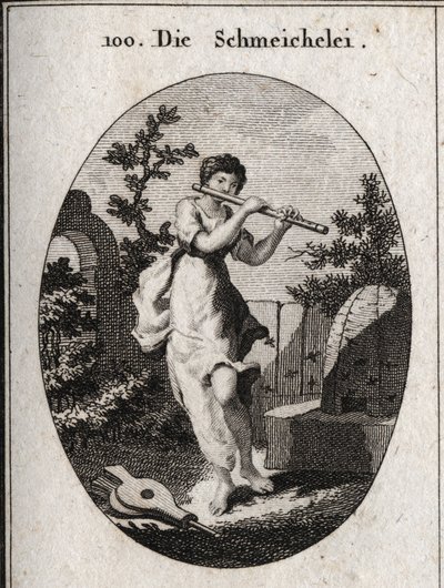 Allegory of Adulation Playing Flute to Mark That She Seeks to Insinuate Herself by the Sweetness of Her Words. Its Attribute is the Bee (for the Sweetness of Honey and the Venom of the Sting) and the Bellows (Flattery Lights the Fire of Passions). Engravin by Austrian School