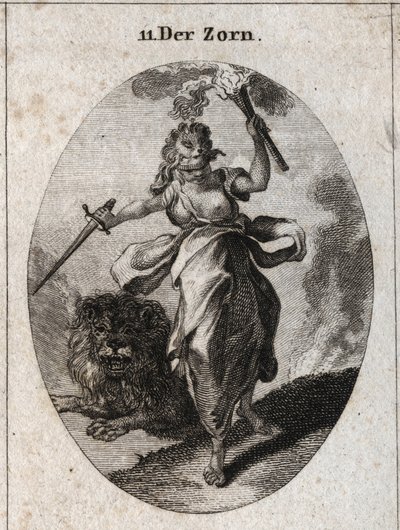 Allegory of Anger represented in a restless attitude, a blindfold, a sword and a torch in the hands. It is clothed with bear skin and the lion behind it is furious. Engraving in 