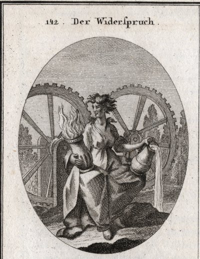 Allegory of annoyance. His suit is split in half. She holds a vessel of water and a vessel of fire. The two wheels with teeth move in opposite directions. Engraving in 