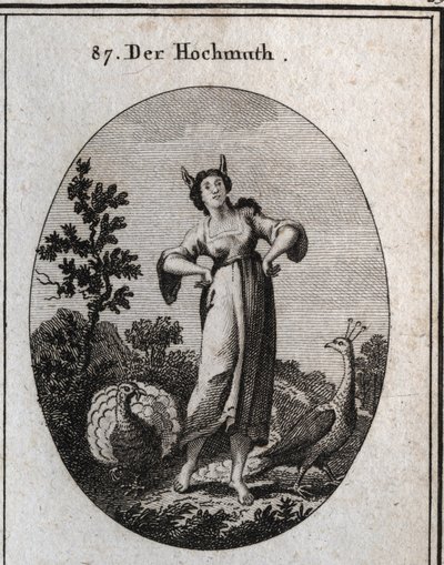 Allegory of arrogance. His donkey ears mark ignorance and his posture denotes his pride. The peacock is a symbol of pride and the turkey making the wheel is that of stupidity. Engraving in 