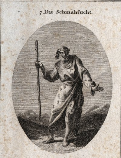 Allegory of blame represented by Momus the God of satire and reprimand as an old man speaking and striking the earth. His clothing is strewn with ears, eyes and tongues. Engraving in 