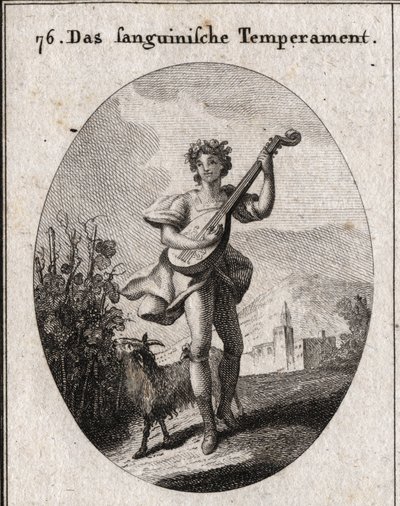 Allegory of Blood Complexion. The goat who eats grapes shows that blood is brought to the pleasures of love and Bacchus. Engraving in 