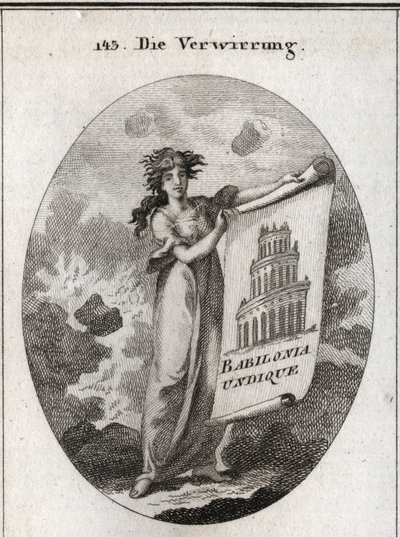 Allegory of confusion holding a drawing representing the Tower of Babel with the word 