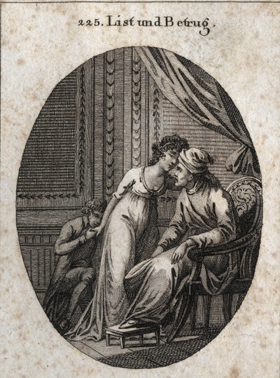 Allegory of cunning and deception. Expression: Who gives you more caresses than usual, it is a sign that he has cheated on you or that he wants to deceive you. Engraving in 