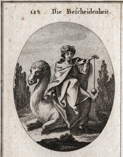Allegory of Discretion. The Plumb She Holds Perpendicular is the Attribute of Correctness. She Sits on a Camel Kneeling to Facilitate Her Ride. Engraving in Iconologie oder Ideen aus dem Gebiete der Leidenschaften und Allegorien bildich dargestellt fur by Austrian School