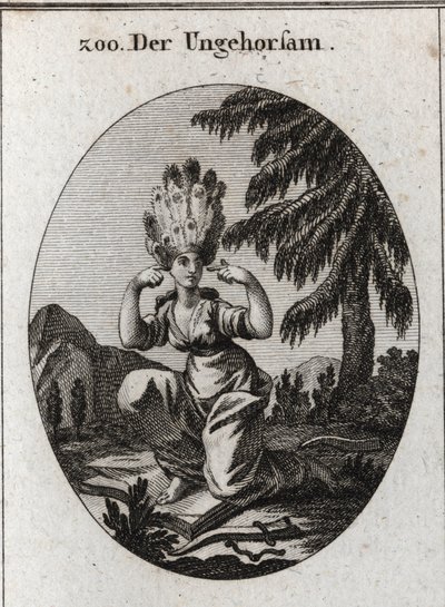 Allegory of Disobedience. The Book of Shame Marks Her Contempt for the Laws and Precepts That She Dominates by Treading at Her Feet the Brake and the Yoke Breezes. She Closes Her Ears So as Not to Listen to Reprimands. Her Hair Is Peacock Feathers. Engravi by Austrian School