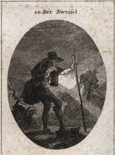 Allegory of doubt represented by a young man walking through the darkness with a lantern and a boat that he helps to find its way through several paths filled with stones. Engraving in 