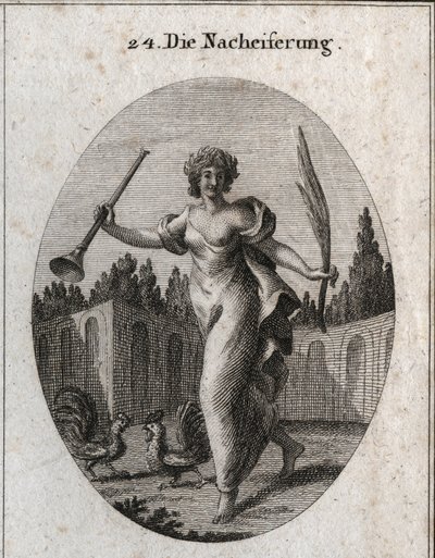Allegory of emulation. The trumpet and palm symbolize the reward attributed to the merit. The attributes are two cockerels ready to fight. Engraving in 