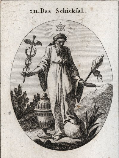 Allegory of fate. A star above it reflects reports of astrology on incidents of human life. He holds with one hand a deciduous symbol of his power and on the other a cattail symbol and a spindle whose broken thread indicates the fragility of life. The land by Austrian School
