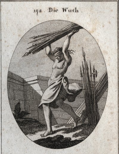 Allegory of Fury. With a Blindfold, She Throws a Beam of Different Kinds of Weapons to Mark Her Triumph in War, Massacres, and Fights. Engraving in 