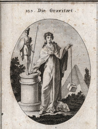 Allegory of Gravity. The Gold Chain to Which a Paper Is Attached Symbolizes Trust. The Column and Statue Mean the Conservation of Glorious Actions and the Stone Denotes the Weighting. Engraving in 