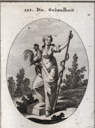 Allegory of Health Represented by a Strong Woman Holding a Rooster, Animal Consecrated to Aesculapius, God of Medicine. She Holds a Stick Around Which Is a Snake, an Animal Least Prone to Disease. Engraving in 